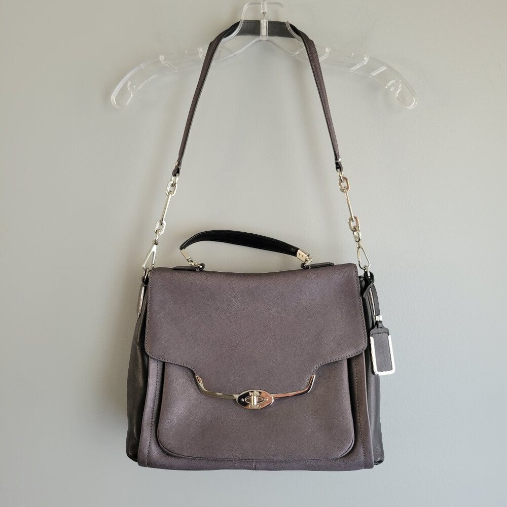 Coach Madison Sadie Flap Satchel with dust bag. metallic grey color.